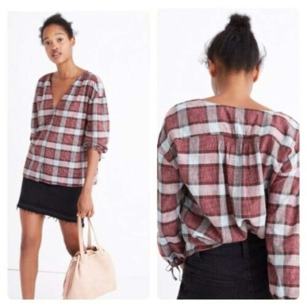 Madewell Morning View Plaid Tie Sleeve‎ Shirt Top